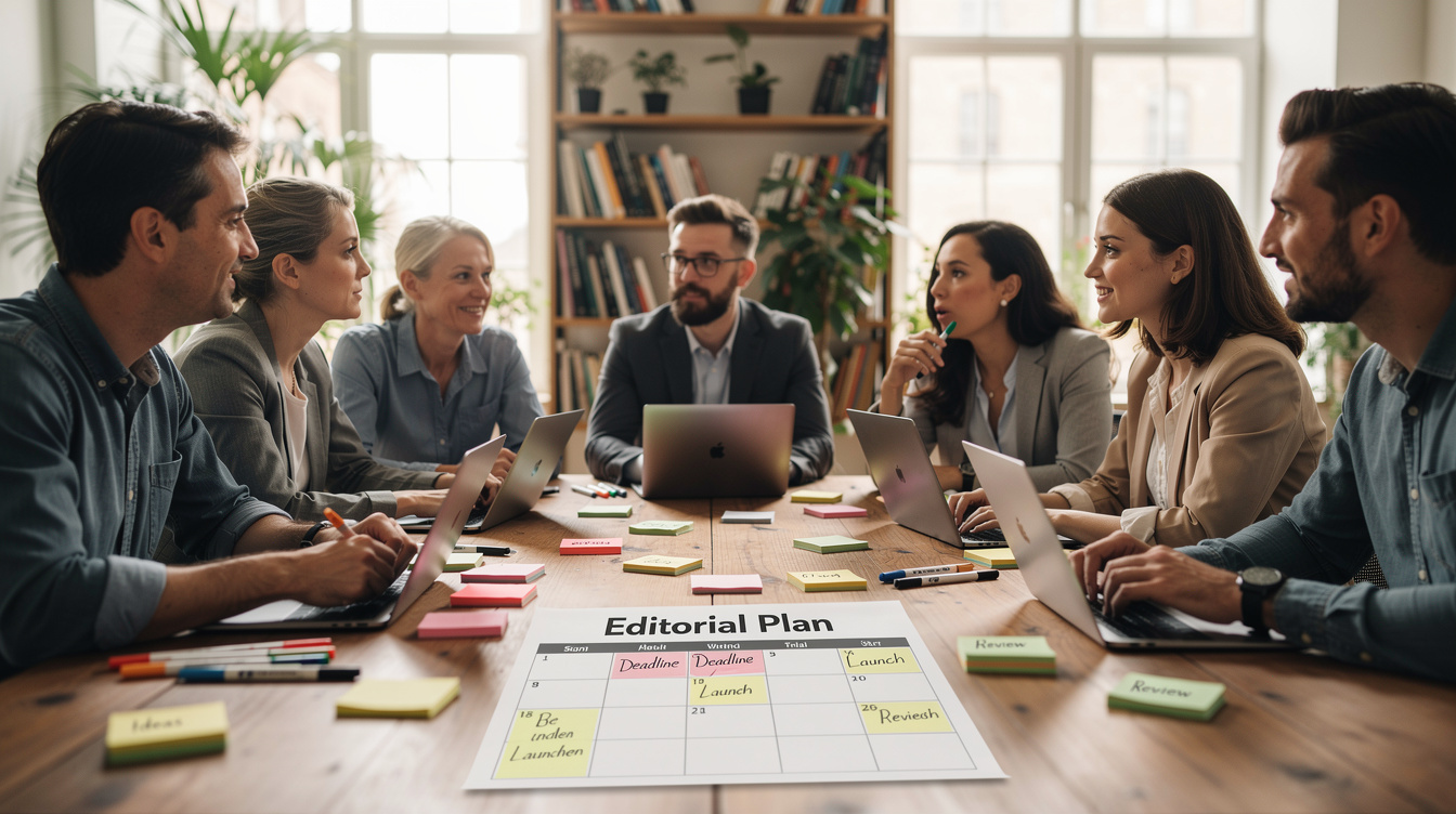 Editorial team planning around a table with sticky notes