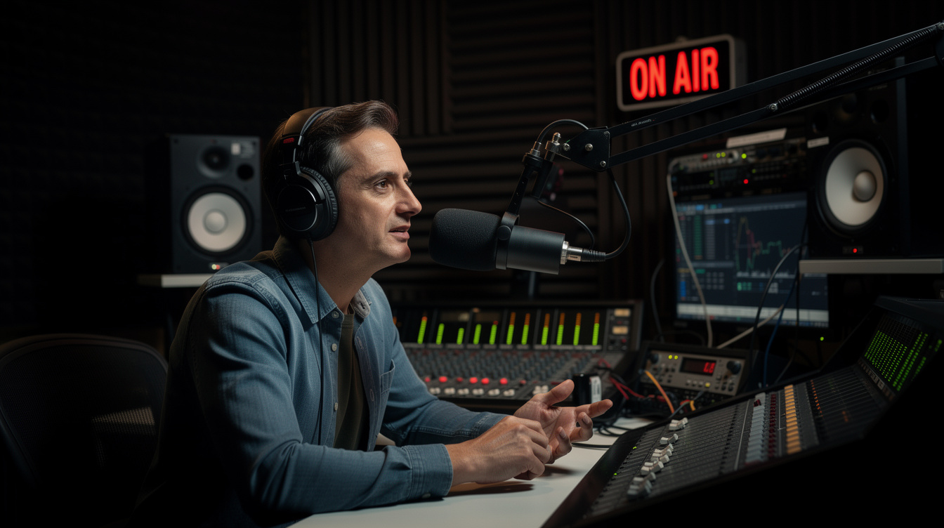 Journalist reporting in a radio studio with a microphone