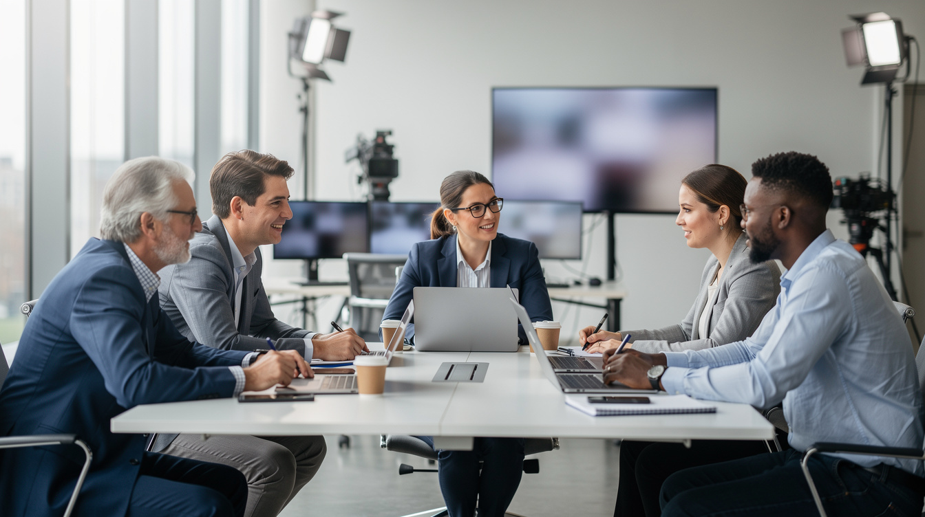 Newsroom team meeting around a table in Belgium