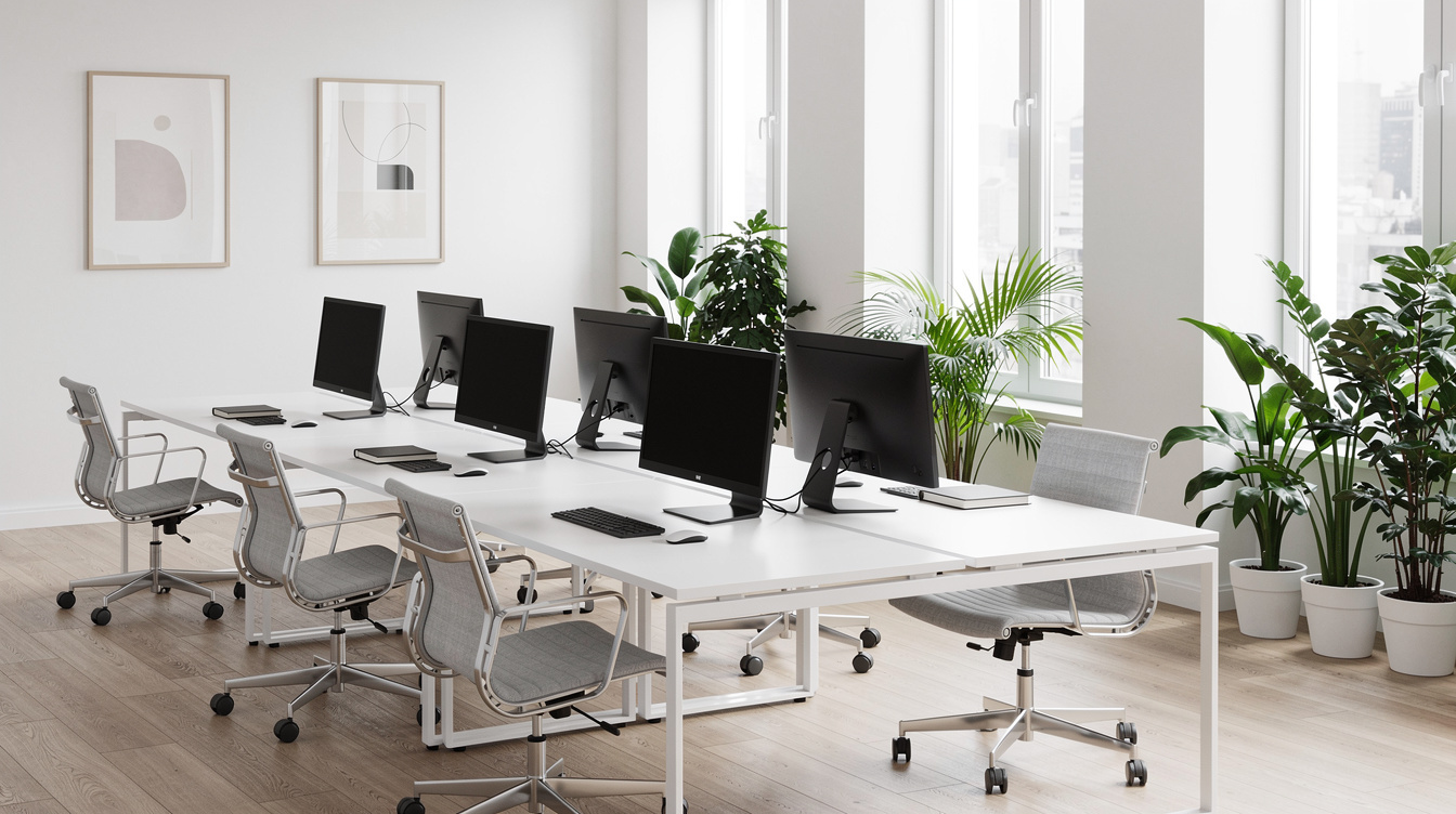 Modern editorial office workspace with desks and computers