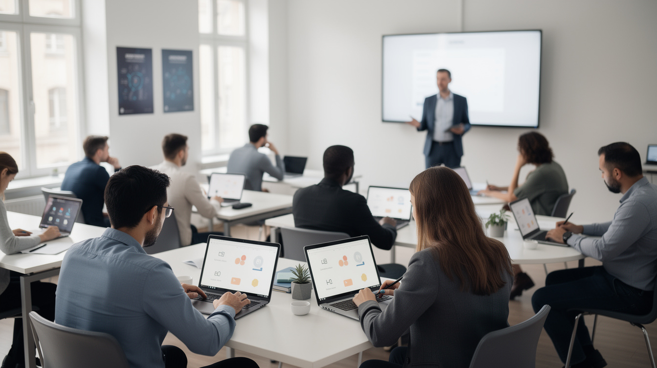 Group of professionals in a workshop with laptops