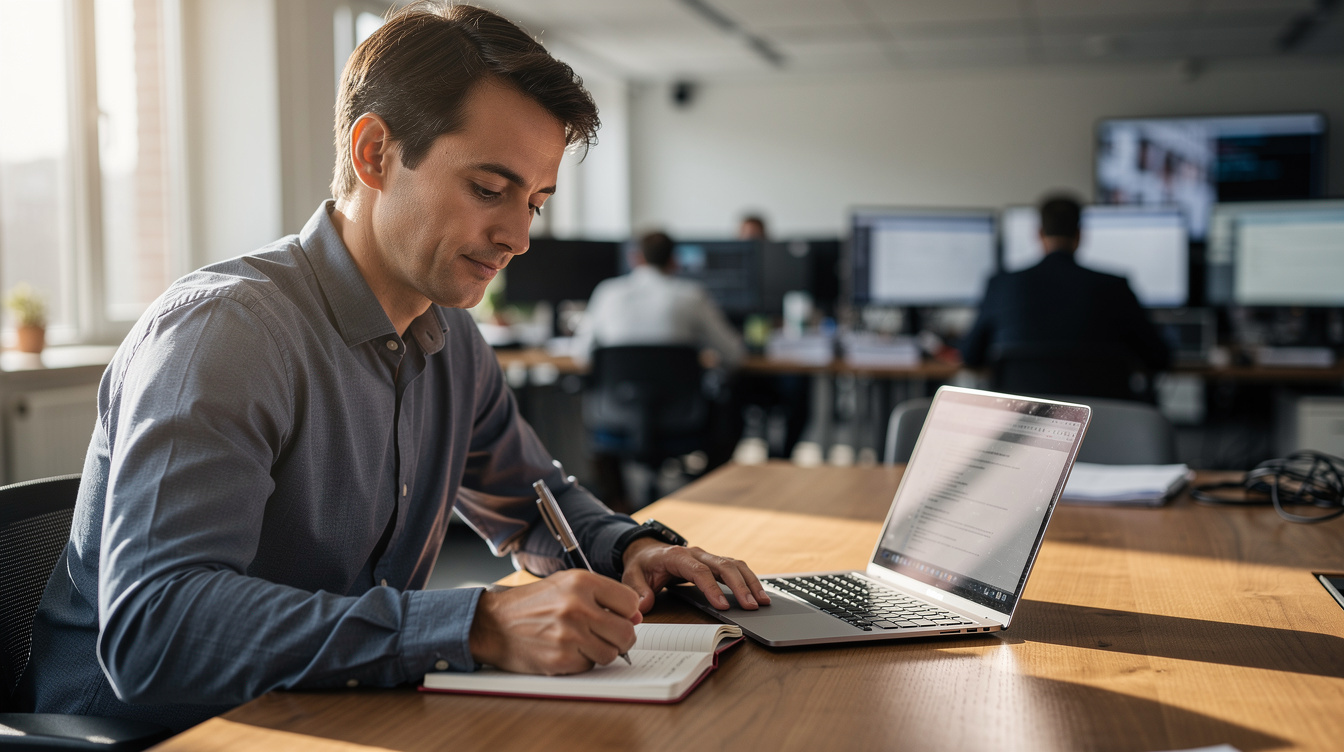 Journalist writing notes at a desk with a laptop
