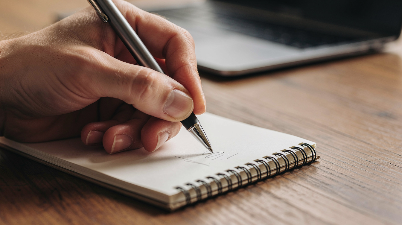 Close-up of a hand writing in a reporter notebook
